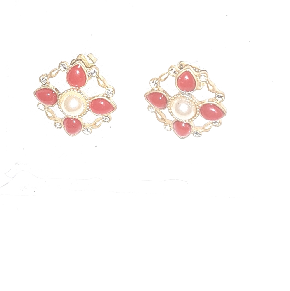 Coral and tiny diamond cross earrings - Picture 2 of 3
